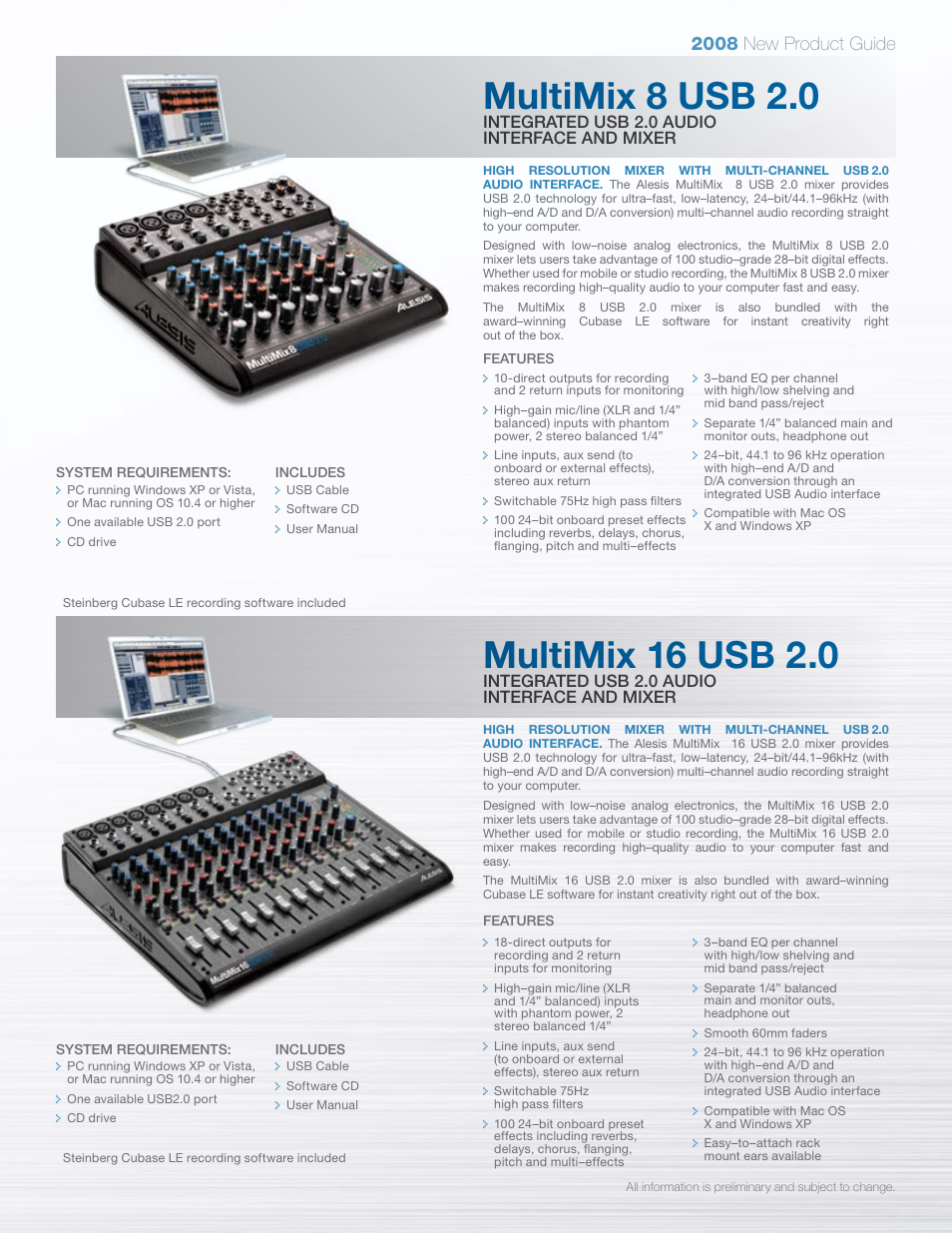 Multimix 16 usb 2.0, Multimix 8 usb 2.0, 2008 new product guide | Integrated usb 2.0 audio interface and mixer | ALESIS SR-18 User Manual | Page 7 / 8