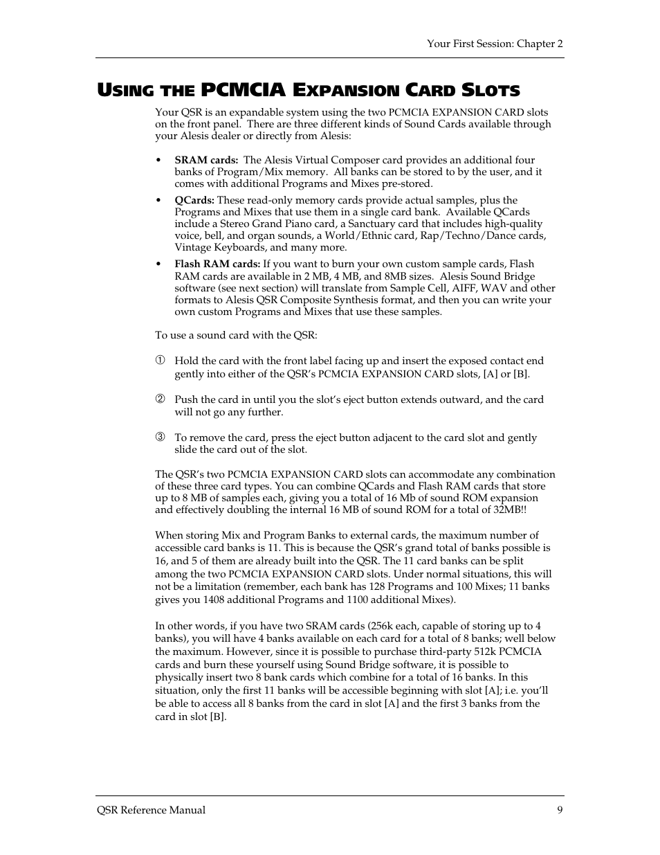 Pcmcia e, Sing the, Xpansion | Lots | ALESIS QSR 64 User Manual | Page 19 / 143