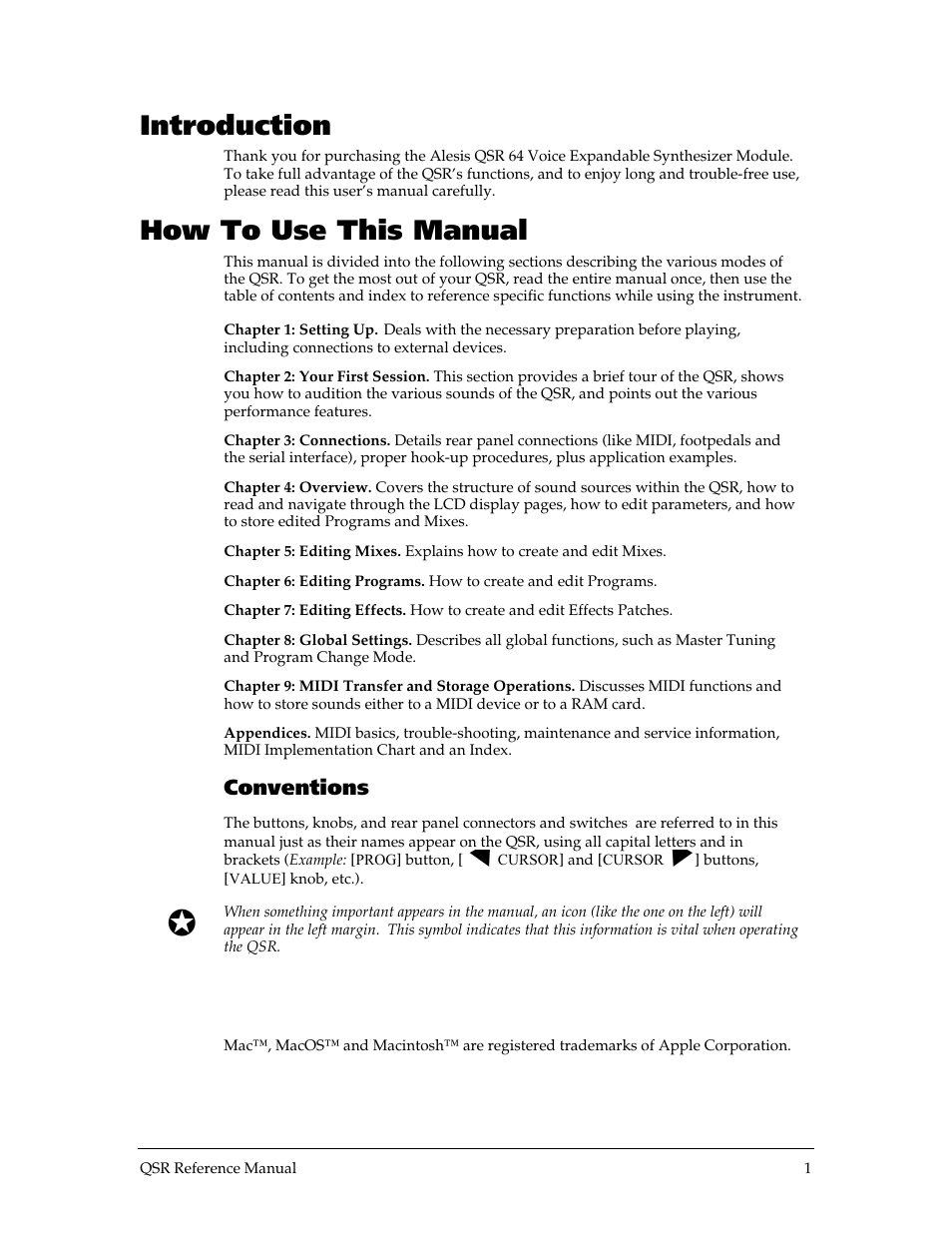 Introduction, How to use this manual, Conventions | ALESIS QSR 64 User Manual | Page 2 / 143