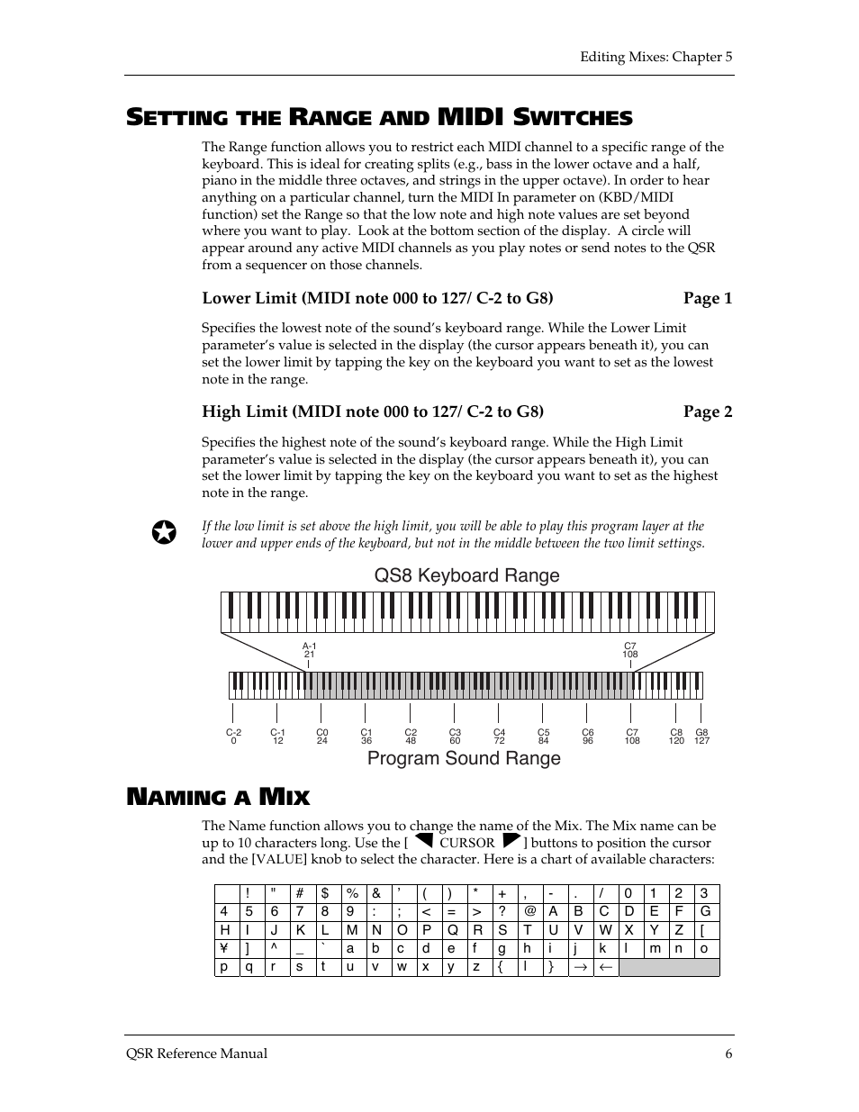 Midi s, Etting the, Ange and | Witches, Aming a, Qs8 keyboard range, Program sound range | ALESIS QSR 64 User Manual | Page 45 / 143