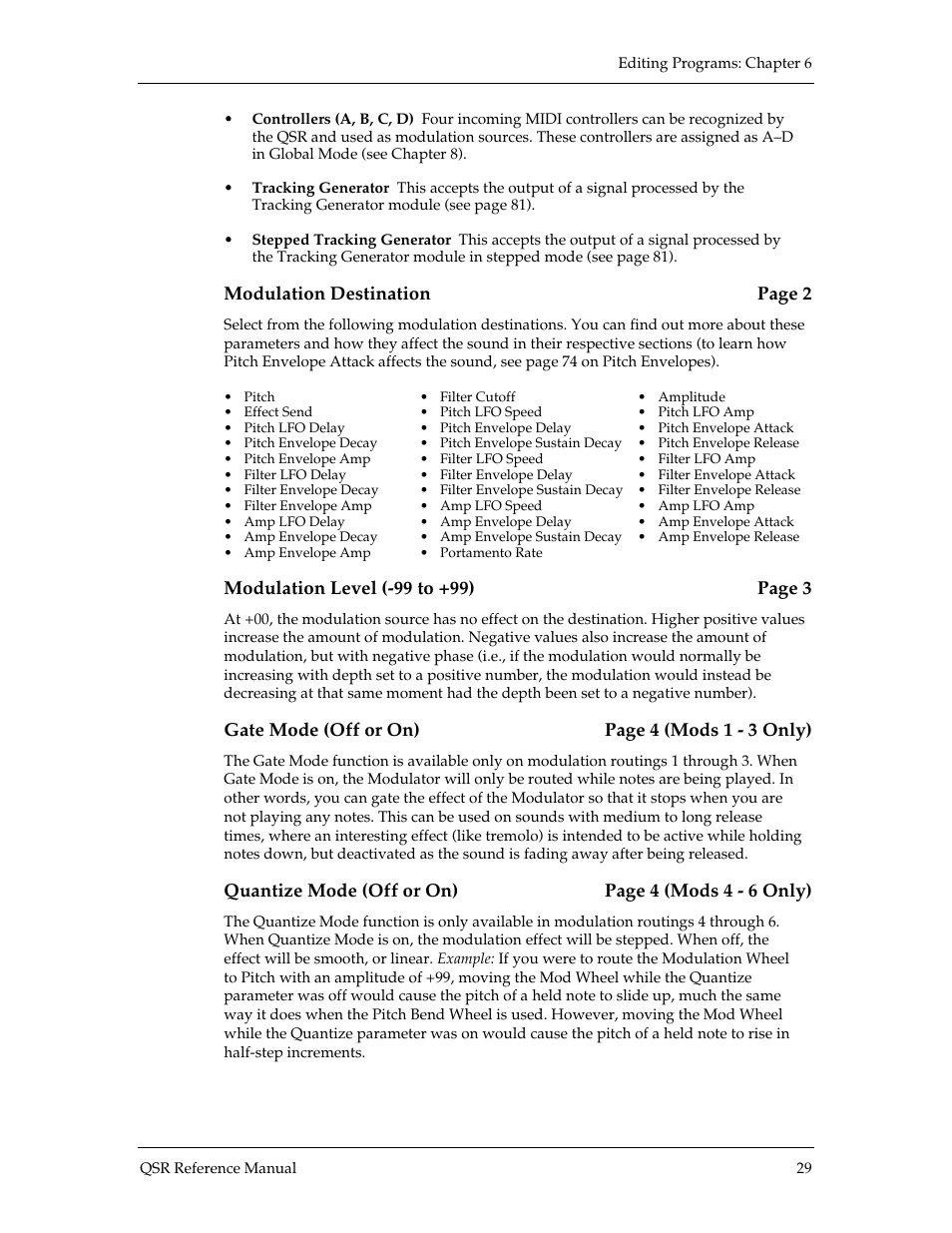 Modulation destination page 2, Gate mode (off or on) page 4 (mods 1 - 3 only), Quantize mode (off or on) page 4 (mods 4 - 6 only) | ALESIS QSR 64 User Manual | Page 76 / 143