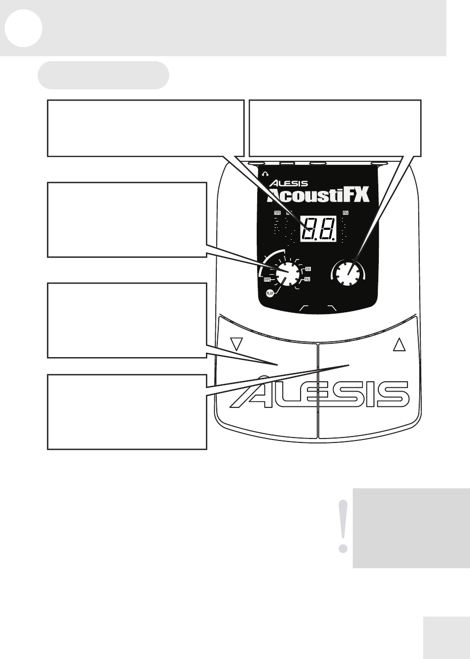 4 a tour of the acoustifx, Top panel, Display | Value knob, Effect knob, Left foot pedal, Right foot pedal | ALESIS NanoVerb Stereo Amplifier User Manual | Page 17 / 40