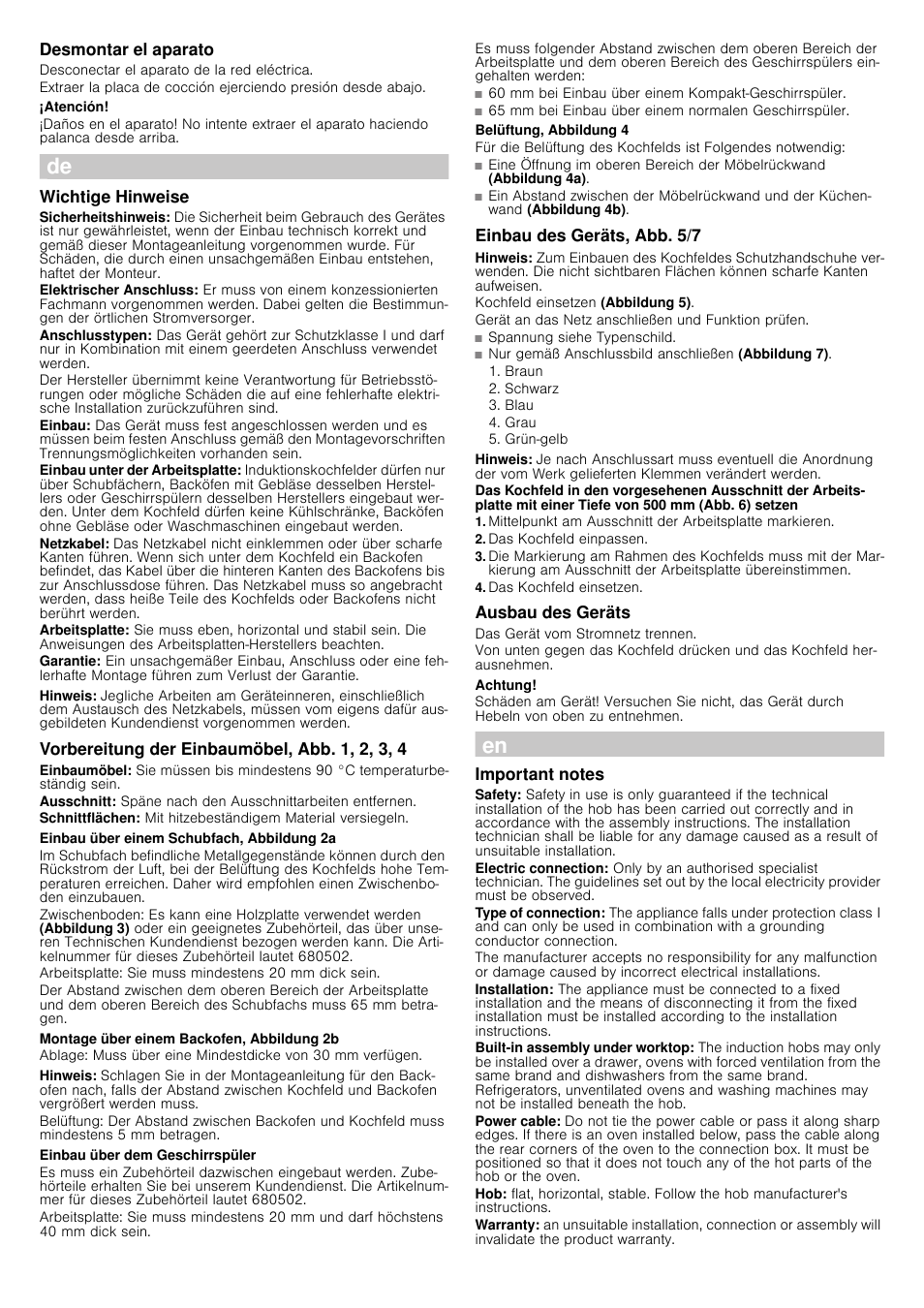 Desmontar el aparato, Atención, Wichtige hinweise | Hinweis, Vorbereitung der einbaumöbel, abb. 1, 2, 3, 4, Einbau über einem schubfach, abbildung 2a, Montage über einem backofen, abbildung 2b, Einbau über dem geschirrspüler, Belüftung, abbildung 4, Einbau des geräts, abb. 5/7 | Siemens EH645FE17E User Manual | Page 4 / 14
