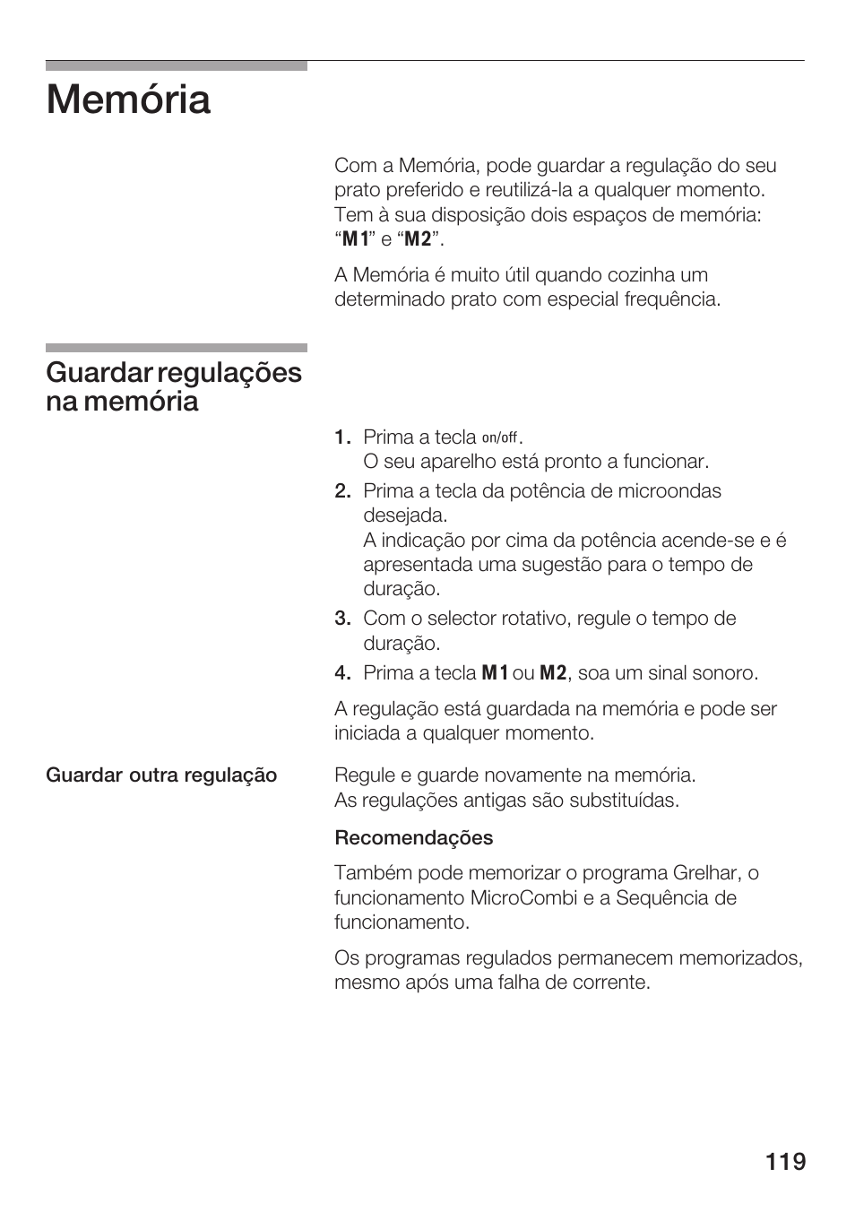 Memória, Guardar regulações na memória | Siemens HF25G5L2 User Manual | Page 119 / 188