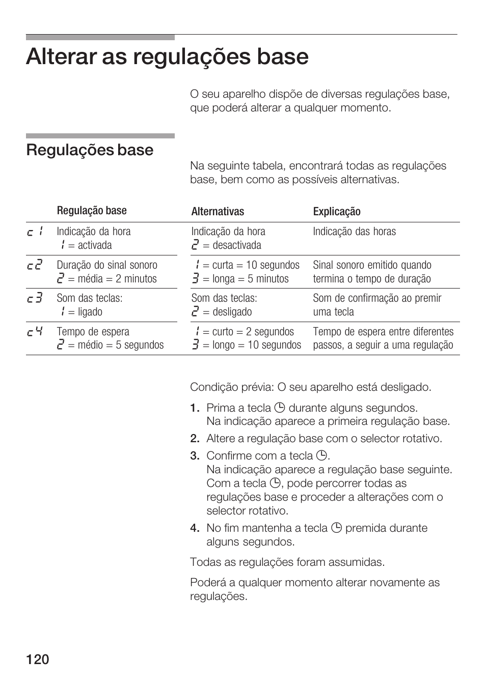Alterar as regulações base, Regulações base | Siemens HF25G5L2 User Manual | Page 120 / 188
