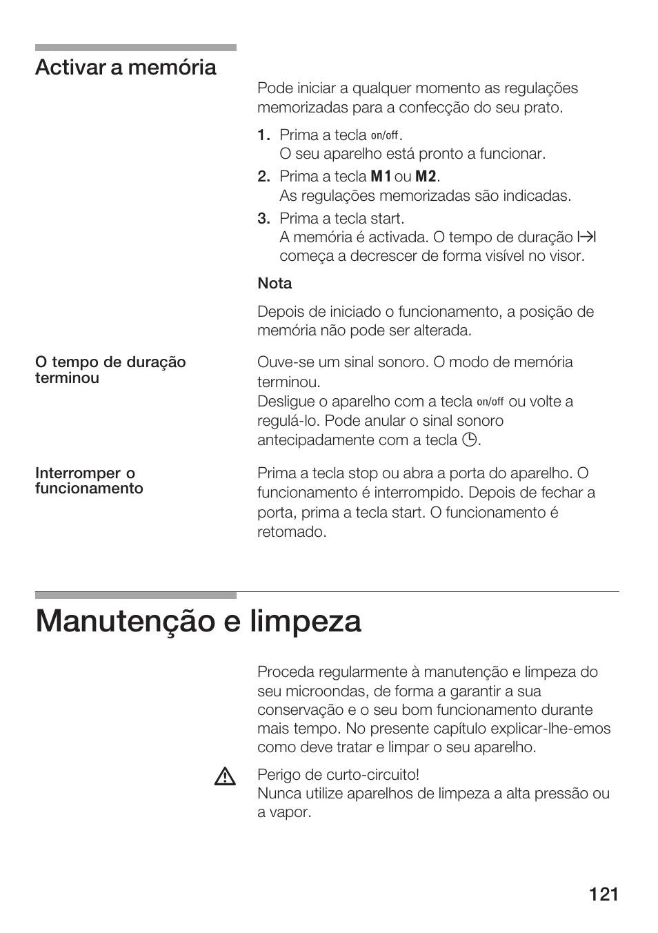 Manutenção e limpeza, Activar a memória | Siemens HF25G5L2 User Manual | Page 121 / 188