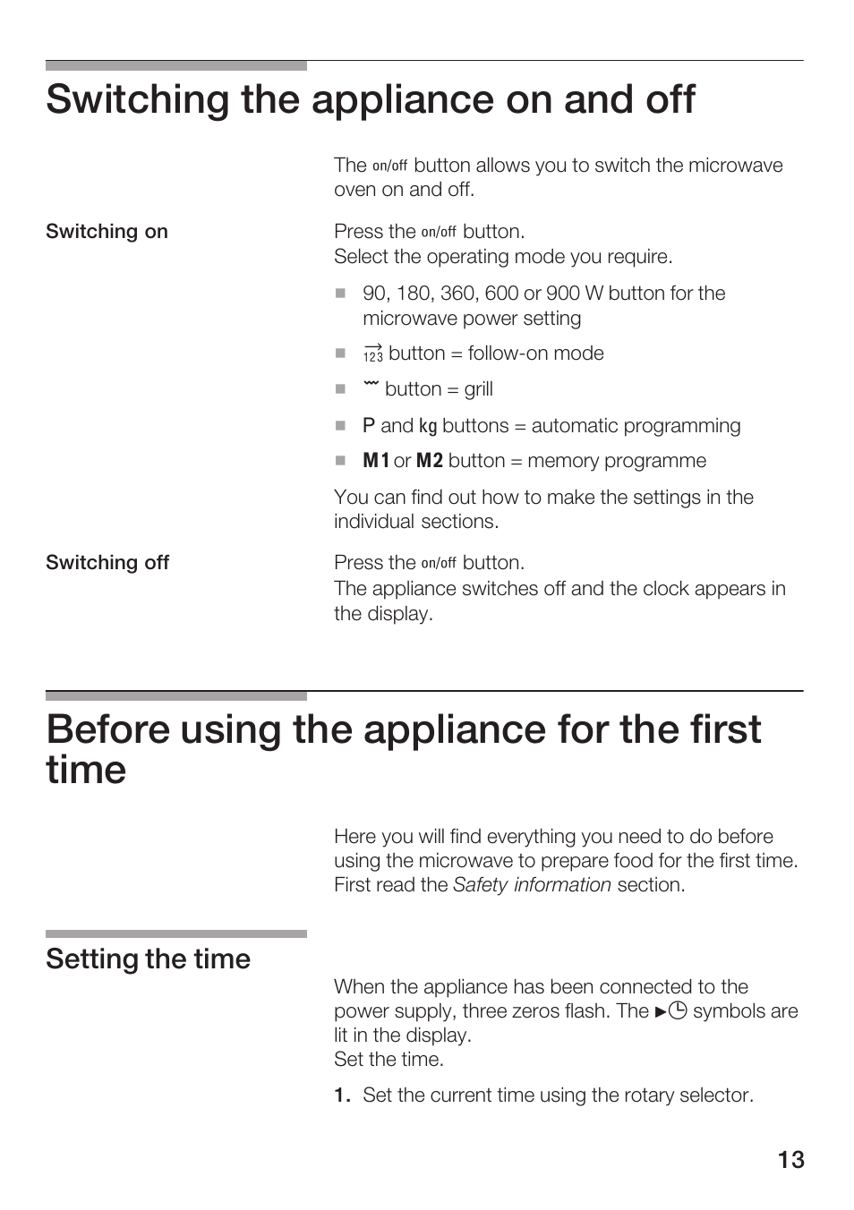 Switching the appliance on and off, Before using the appliance for the first time, Setting the time | Siemens HF25G5L2 User Manual | Page 13 / 188