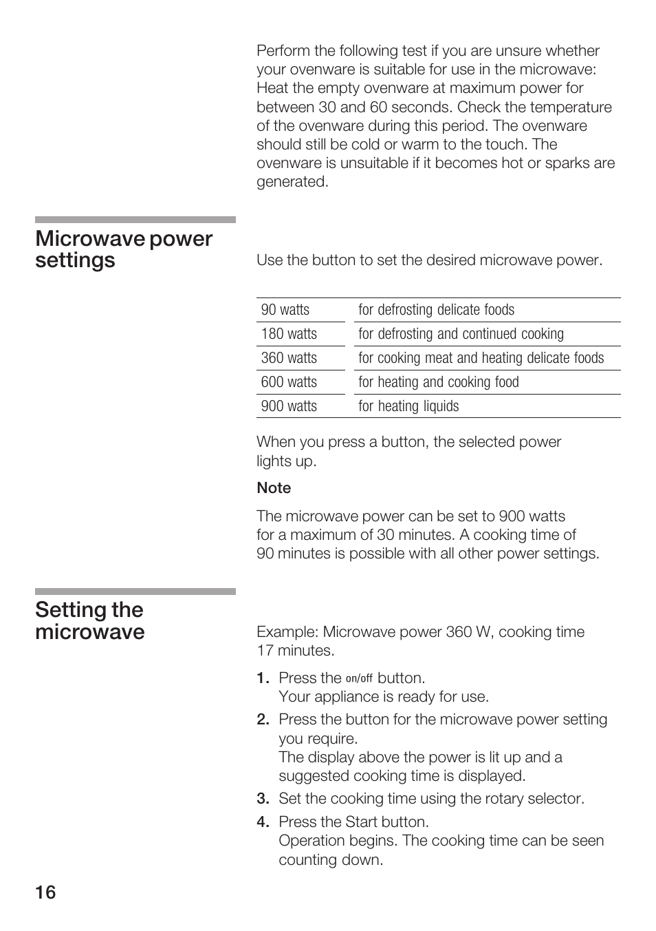 Microwave power settings setting the microwave | Siemens HF25G5L2 User Manual | Page 16 / 188