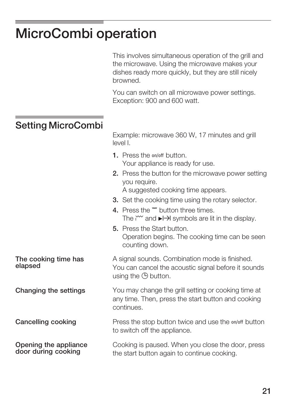 Microcombi operation, Setting microcombi | Siemens HF25G5L2 User Manual | Page 21 / 188