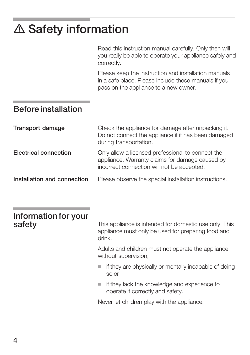D safety information, Before installation, Information for your safety | Siemens HF25G5L2 User Manual | Page 4 / 188