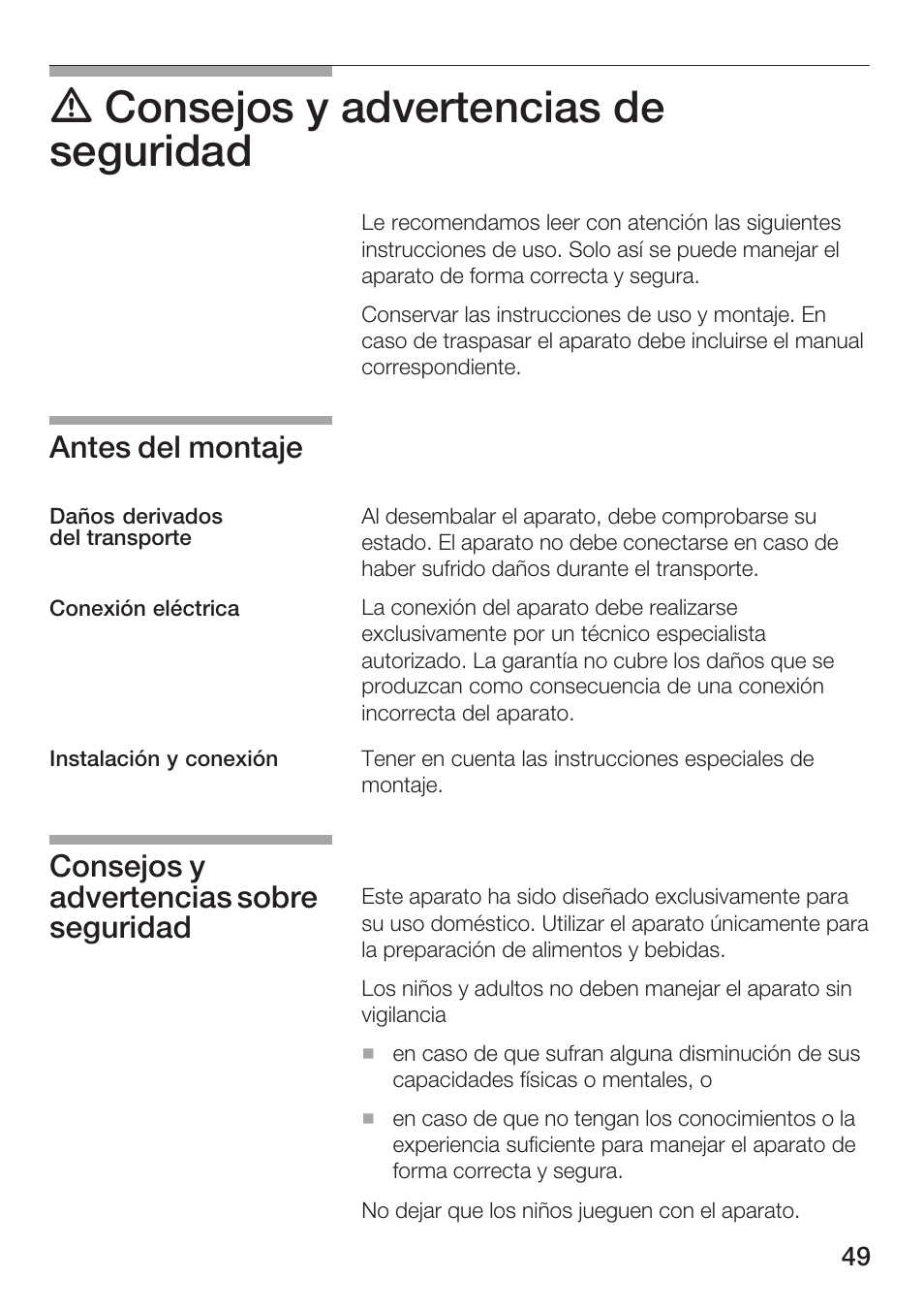 D consejos y advertencias de seguridad, Antes del montaje, Consejos y advertencias sobre seguridad | Siemens HF25G5L2 User Manual | Page 49 / 188