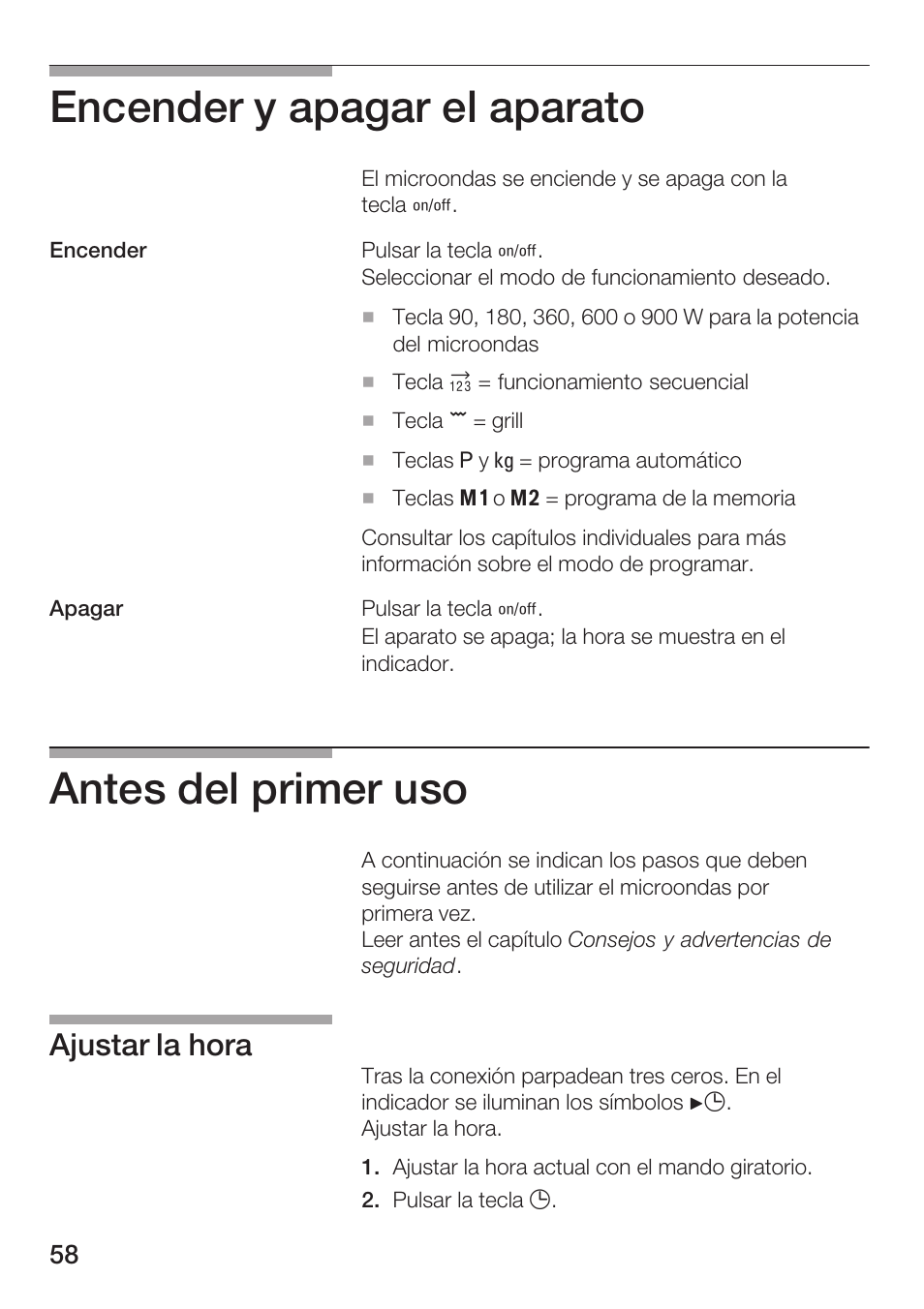 Encender y apagar el aparato, Antes del primer uso, Ajustar la hora | Siemens HF25G5L2 User Manual | Page 58 / 188