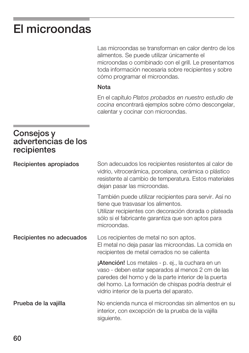 El microondas, Consejos y advertencias de los recipientes | Siemens HF25G5L2 User Manual | Page 60 / 188
