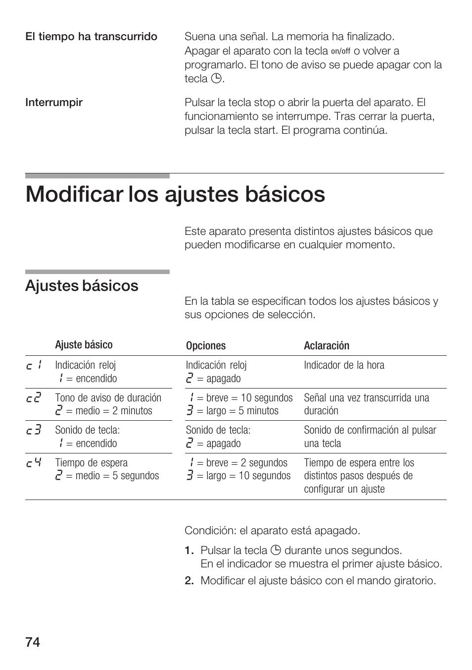 Modificar los ajustes básicos, Ajustes básicos | Siemens HF25G5L2 User Manual | Page 74 / 188