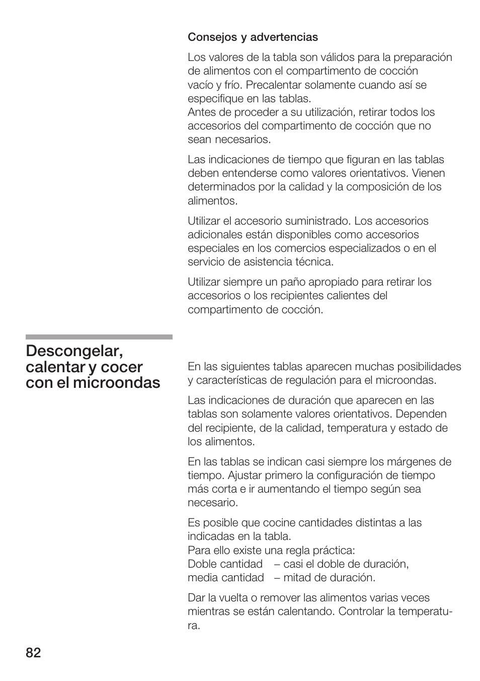 Descongelar, calentar y cocer con el microondas | Siemens HF25G5L2 User Manual | Page 82 / 188