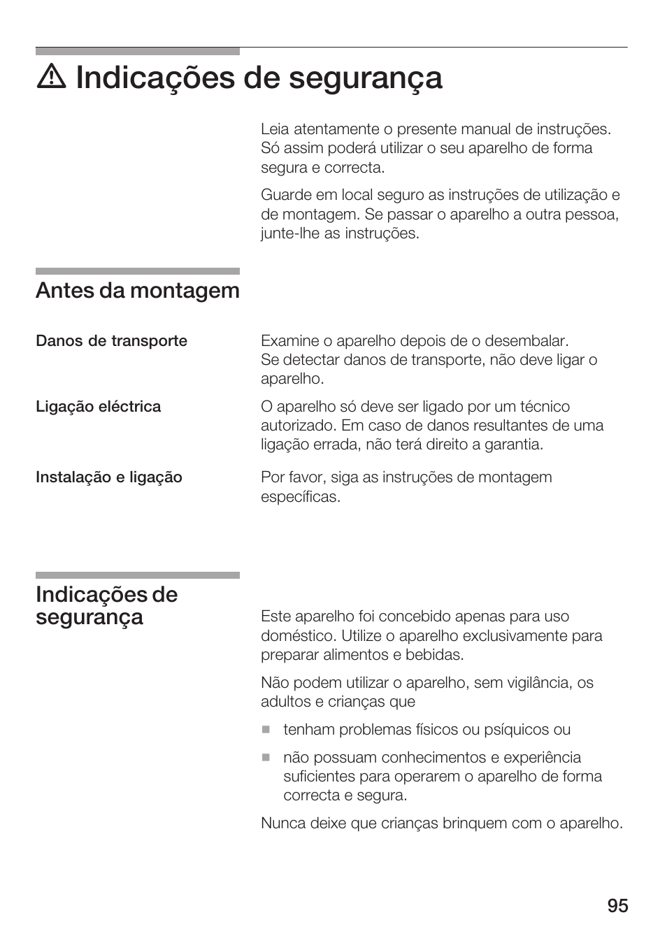 D indicações de segurança, Antes da montagem, Indicações de segurança | Siemens HF25G5L2 User Manual | Page 95 / 188