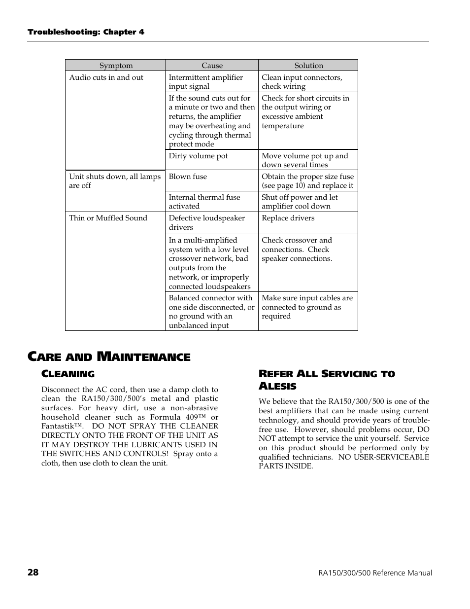 Are and, Aintenance c | ALESIS POWER AMPLIFIER RA500 User Manual | Page 30 / 38