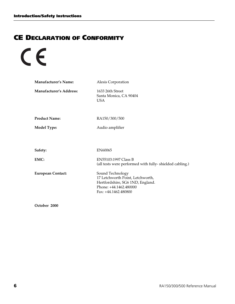 Ce d, Eclaration of, Onformity | ALESIS POWER AMPLIFIER RA500 User Manual | Page 8 / 38