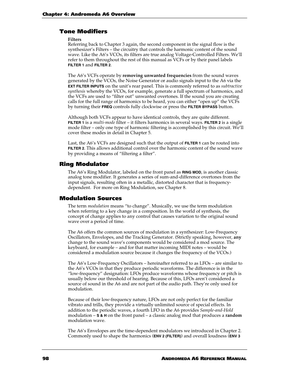 Tone modifiers, Ring modulator, Modulation sources | ALESIS ANDROMEDA A6 User Manual | Page 100 / 280