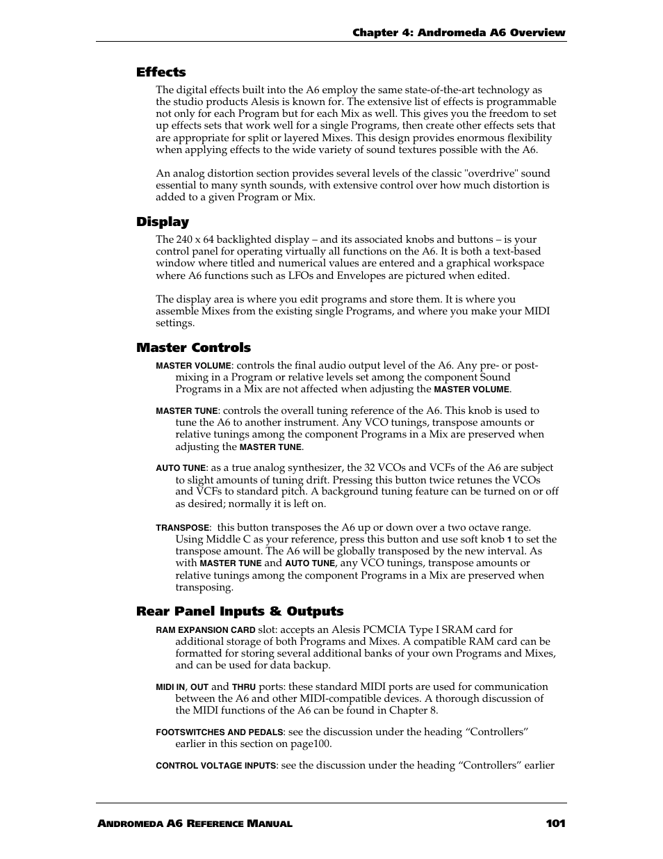 Effects, Display, Master controls | Rear panel inputs & outputs | ALESIS ANDROMEDA A6 User Manual | Page 103 / 280