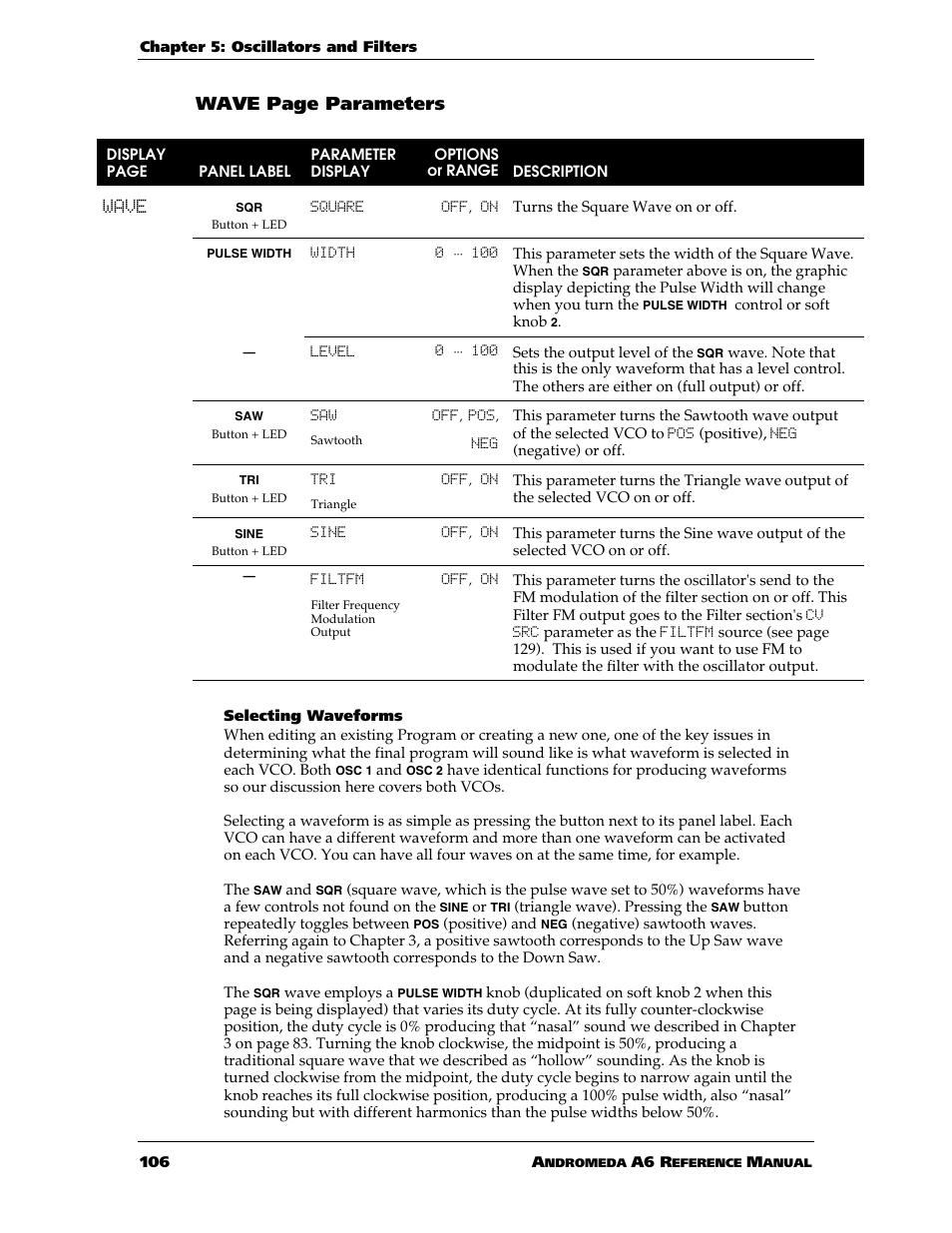 Wave page parameters | ALESIS ANDROMEDA A6 User Manual | Page 108 / 280