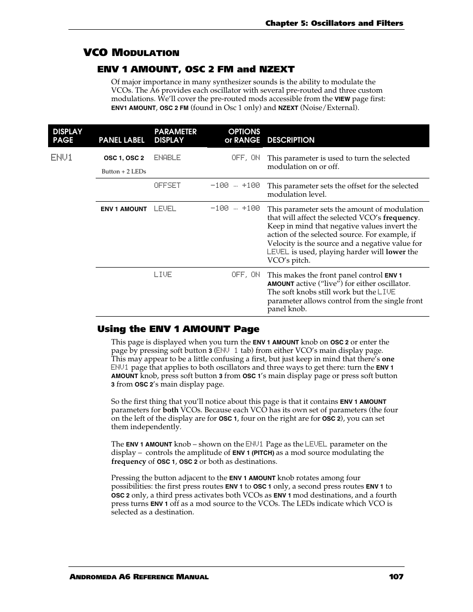 Vco m, Env 1 amount, osc 2 fm and nzext, Using the env 1 amount page | ALESIS ANDROMEDA A6 User Manual | Page 109 / 280