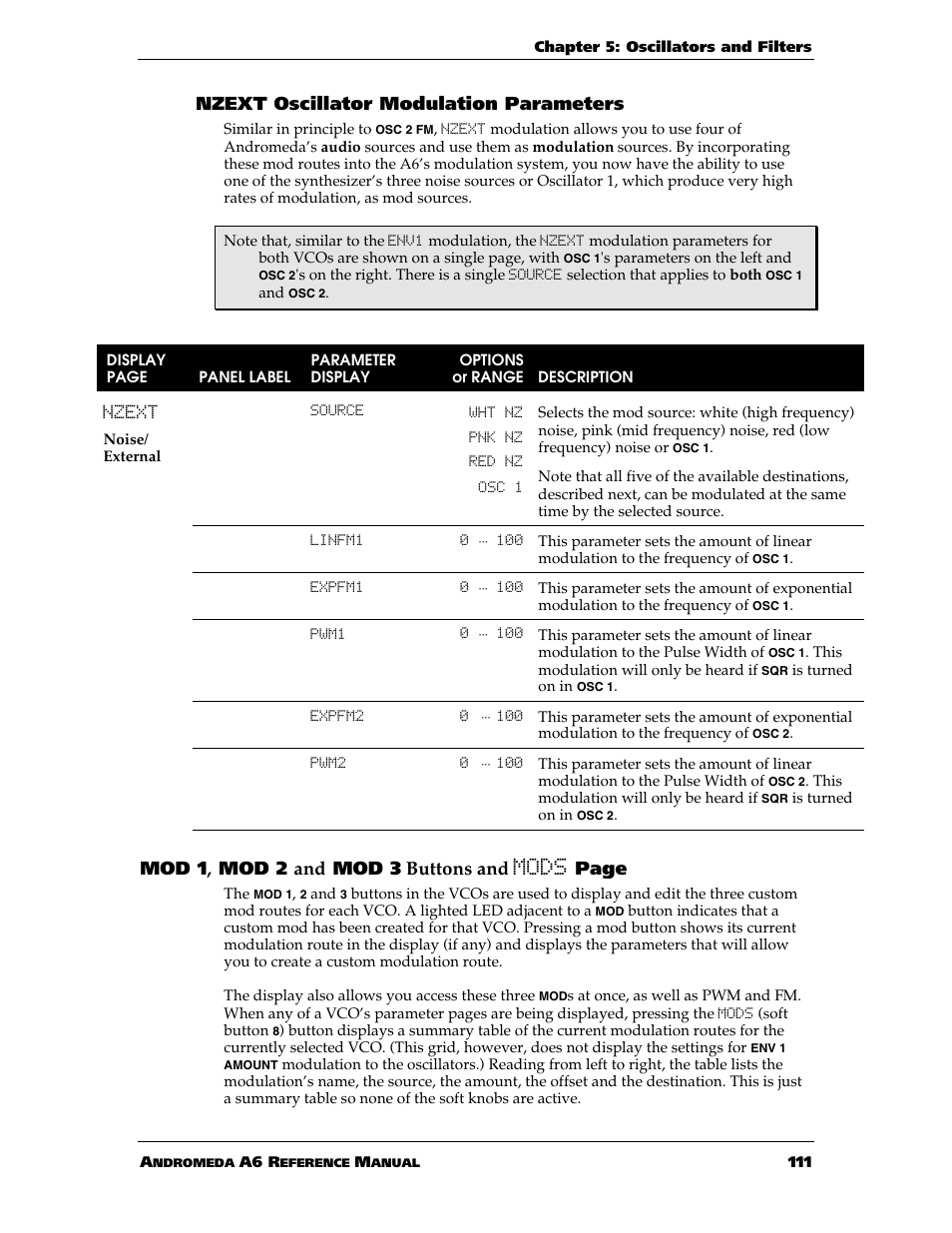 Nzext oscillator modulation parameters, Mod 1 , mod 2 and mod 3 buttons and mods page | ALESIS ANDROMEDA A6 User Manual | Page 113 / 280