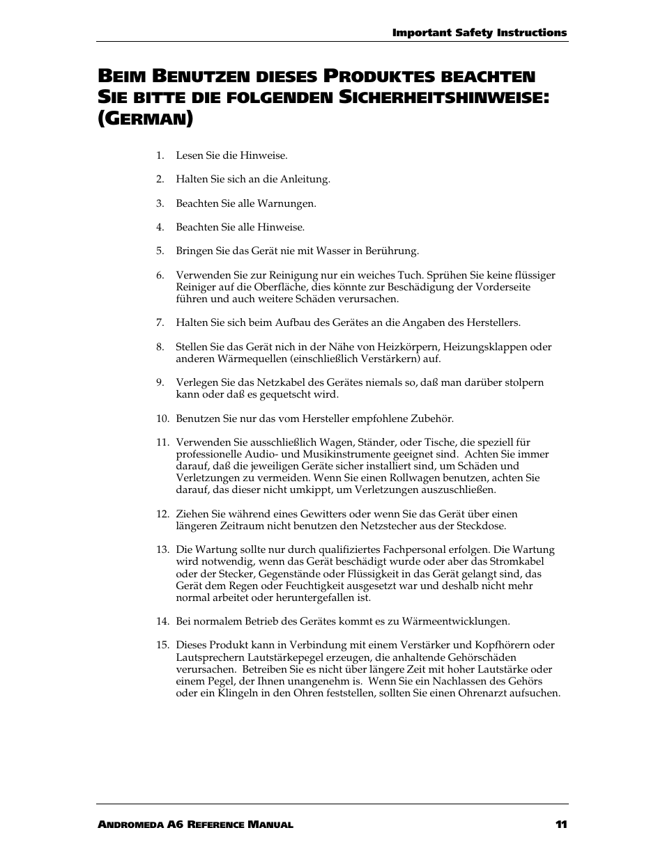 Enutzen dieses, Roduktes beachten, Ie bitte die folgenden | Icherheitshinweise, Erman | ALESIS ANDROMEDA A6 User Manual | Page 13 / 280