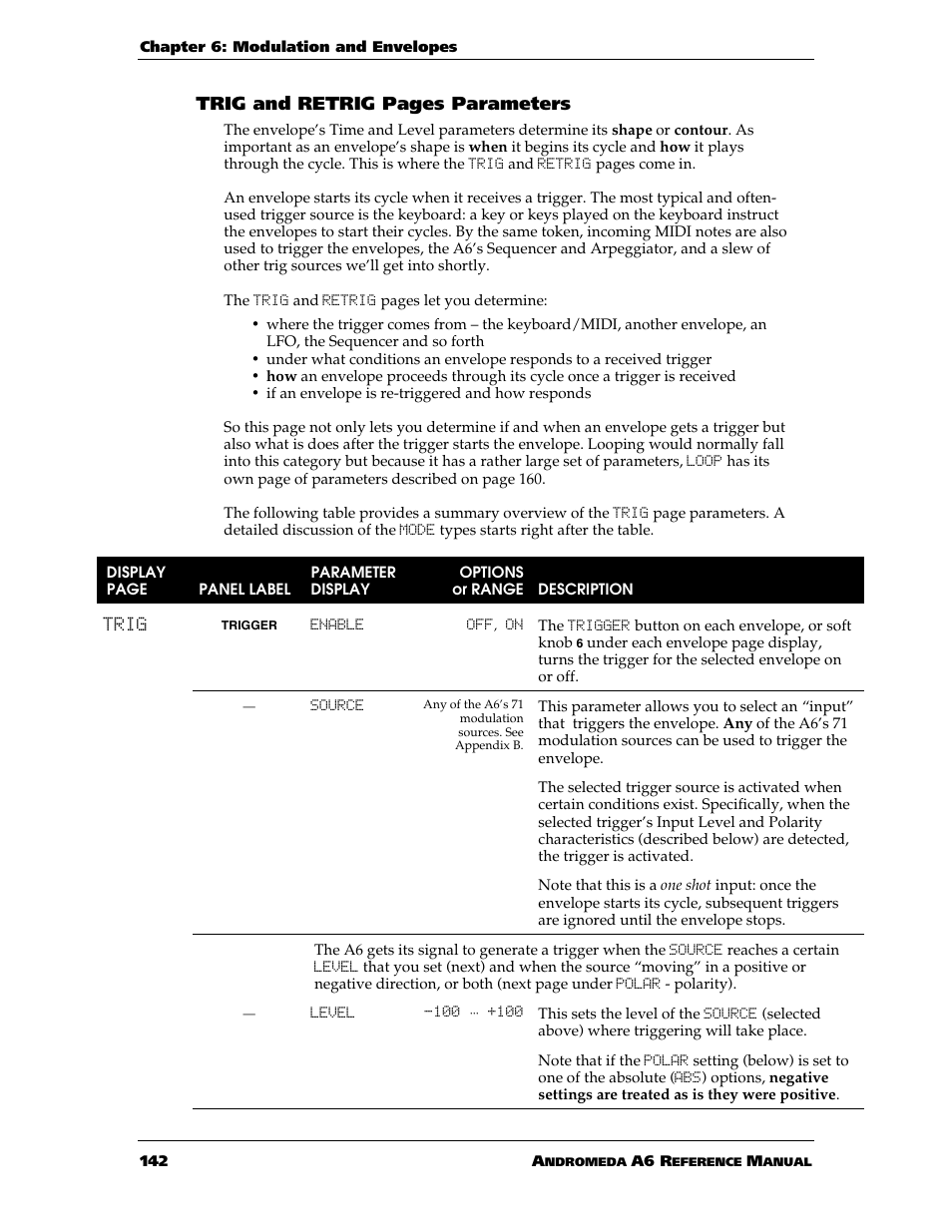 Trig and retrig pages parameters | ALESIS ANDROMEDA A6 User Manual | Page 144 / 280