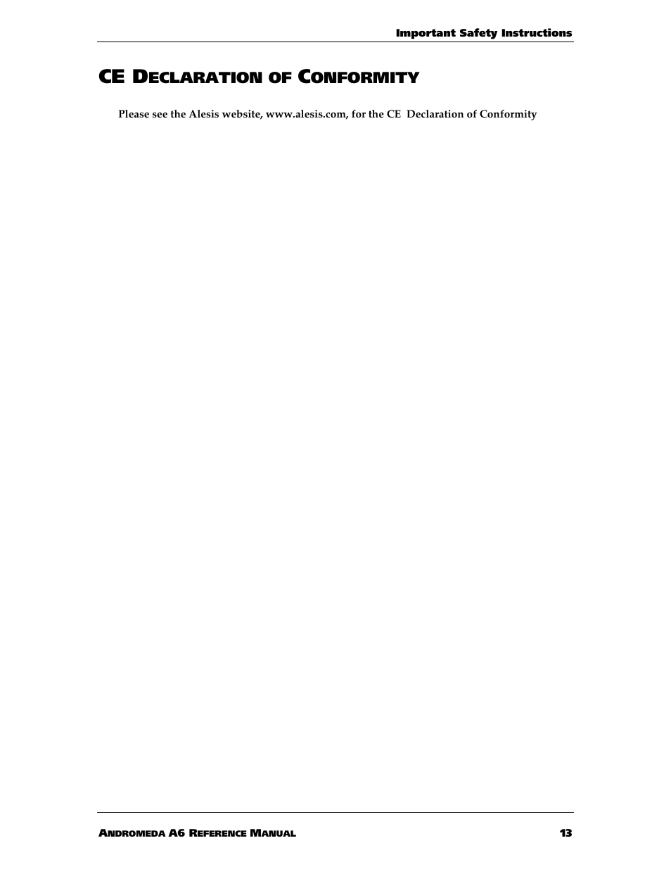 Ce d, Eclaration of, Onformity | ALESIS ANDROMEDA A6 User Manual | Page 15 / 280