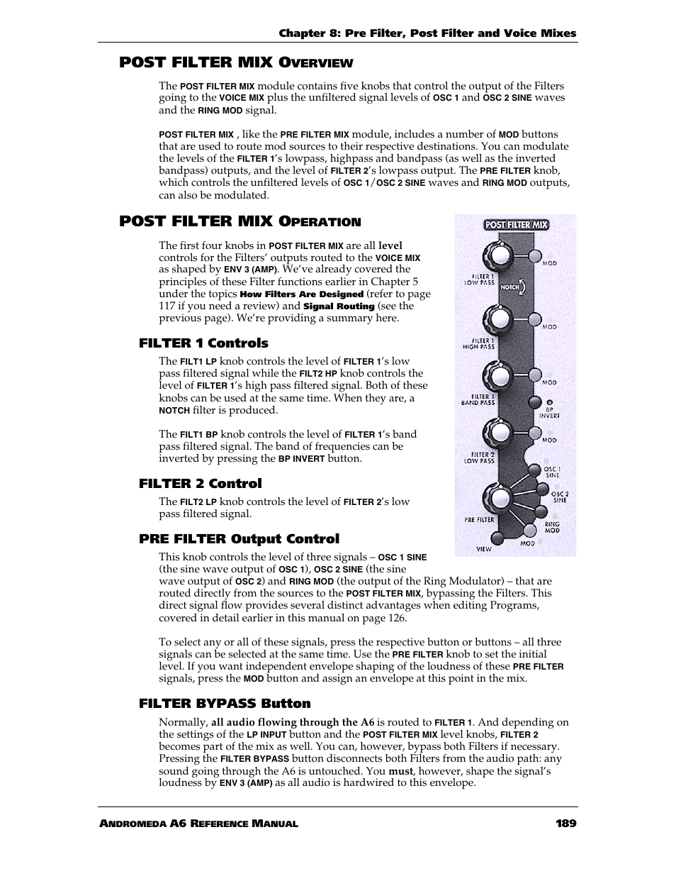 Post filter mix o, Filter 1 controls, Filter 2 control | Pre filter output control, Filter bypass button | ALESIS ANDROMEDA A6 User Manual | Page 191 / 280