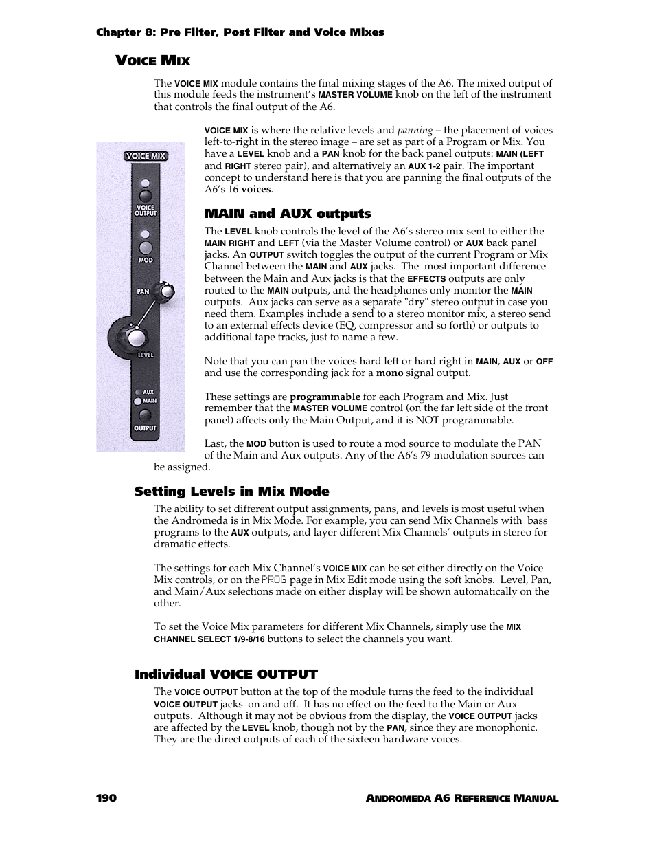 Main and aux outputs, Setting levels in mix mode, Individual voice output | ALESIS ANDROMEDA A6 User Manual | Page 192 / 280