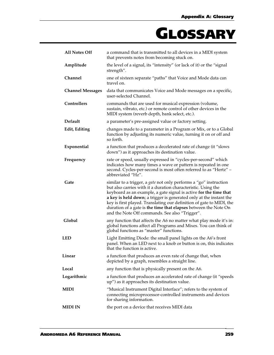 Lossary | ALESIS ANDROMEDA A6 User Manual | Page 261 / 280