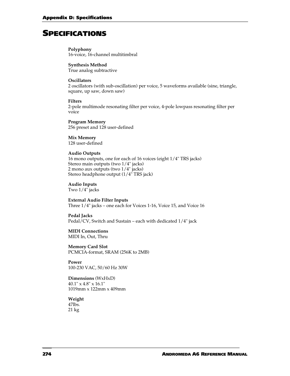 Pecifications | ALESIS ANDROMEDA A6 User Manual | Page 276 / 280
