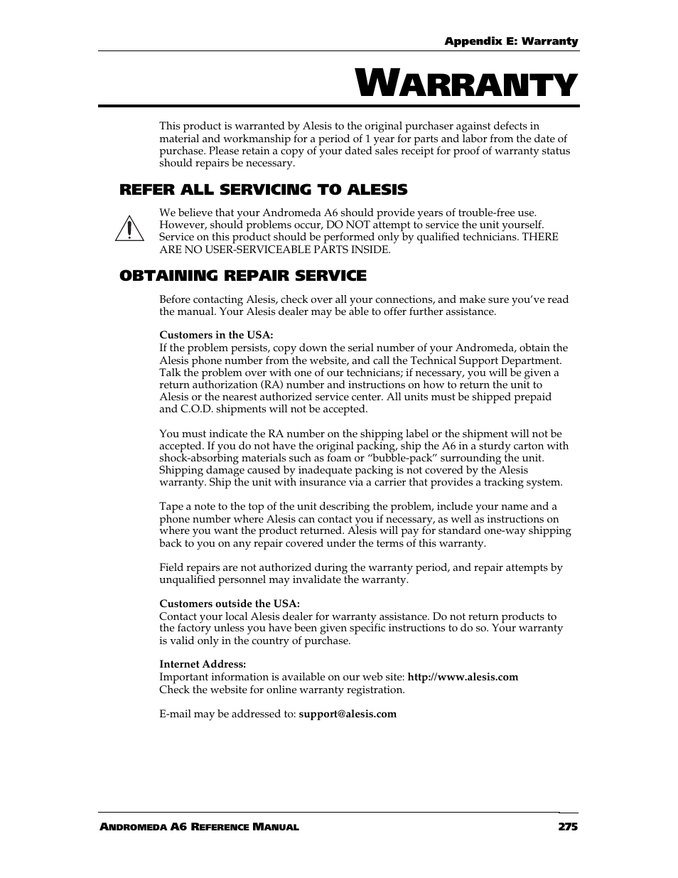 Arranty | ALESIS ANDROMEDA A6 User Manual | Page 277 / 280