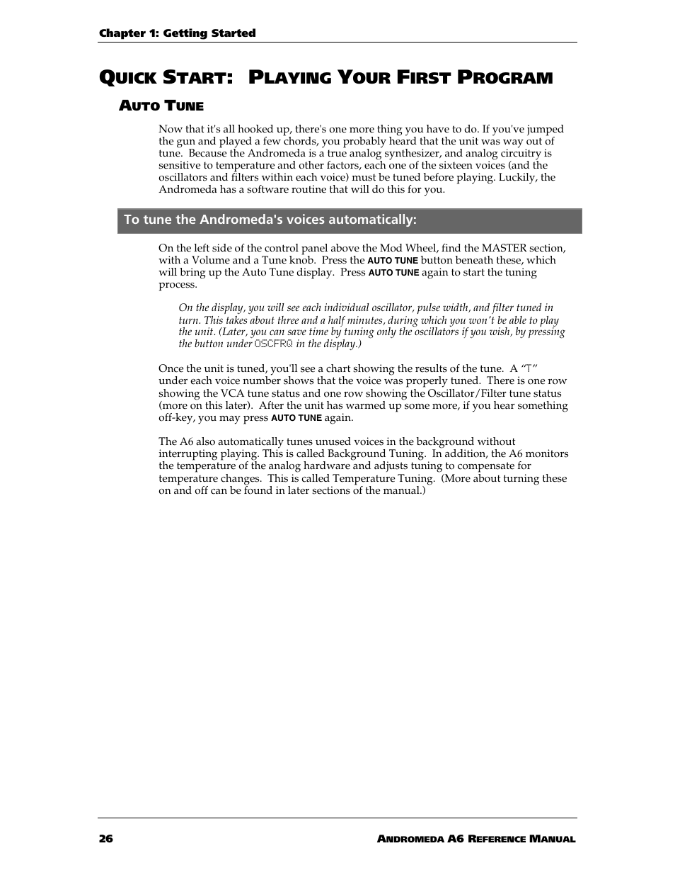 Uick, Tart, Laying | Irst, Rogram | ALESIS ANDROMEDA A6 User Manual | Page 28 / 280