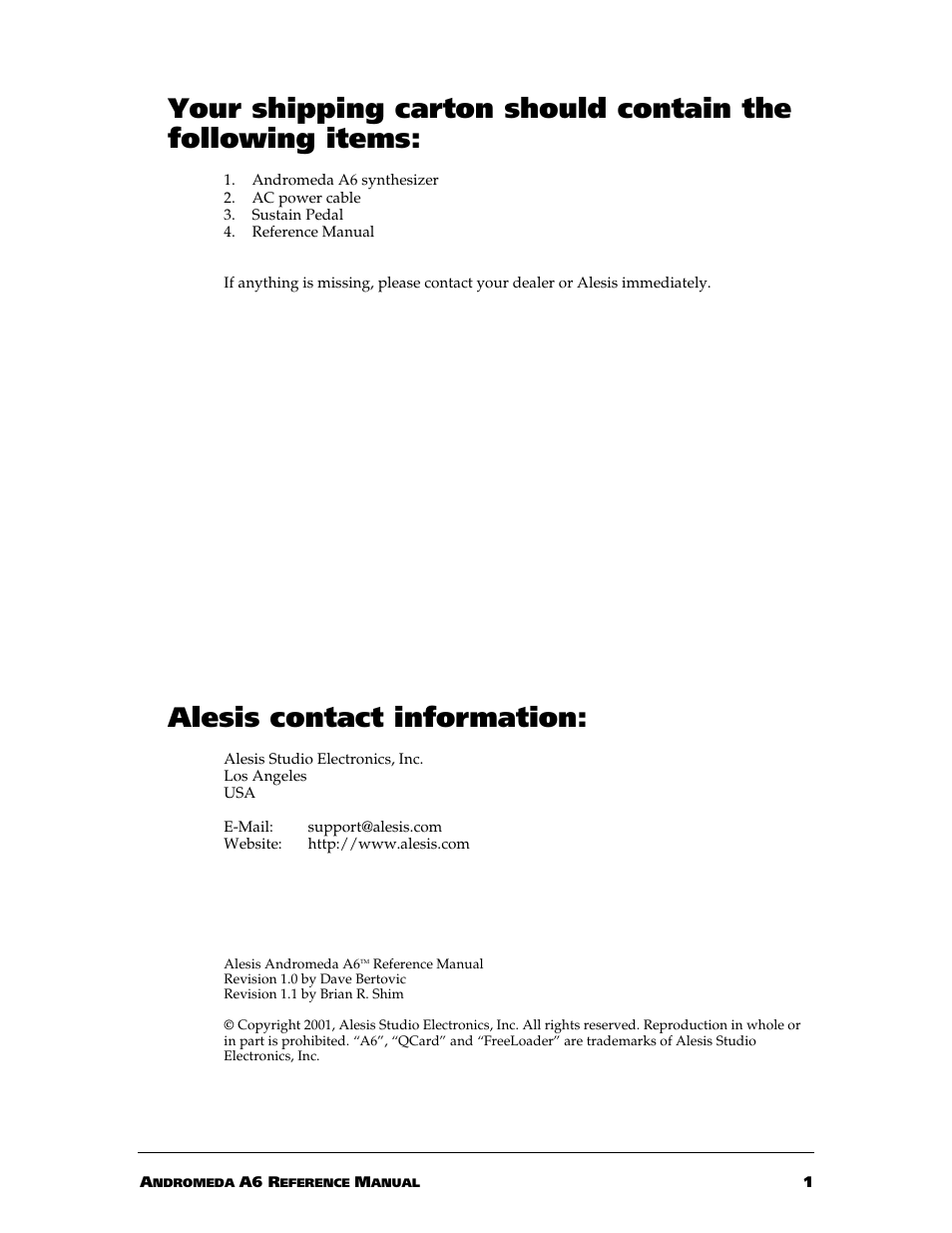 Alesis contact information | ALESIS ANDROMEDA A6 User Manual | Page 3 / 280