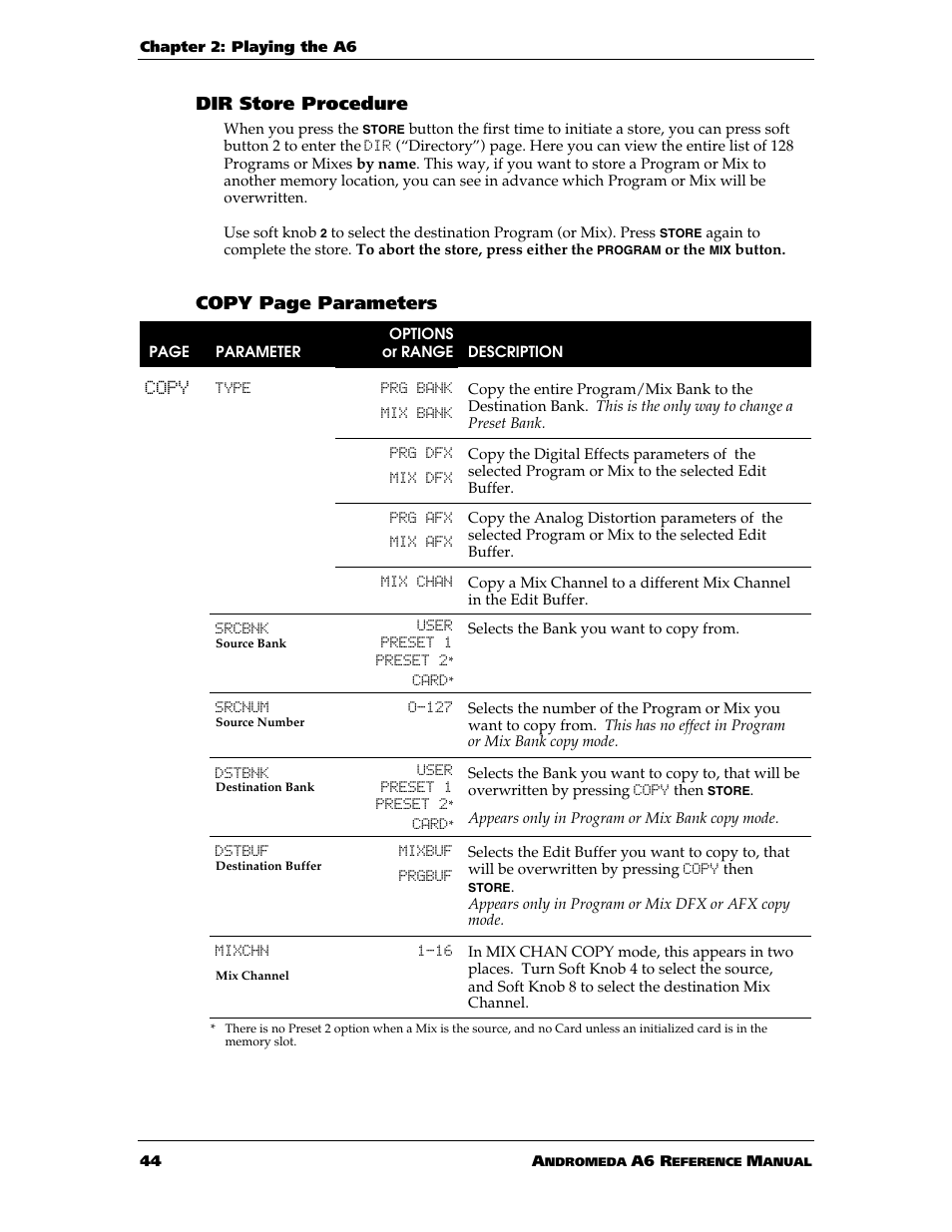 Dir store procedure, Copy page parameters | ALESIS ANDROMEDA A6 User Manual | Page 46 / 280