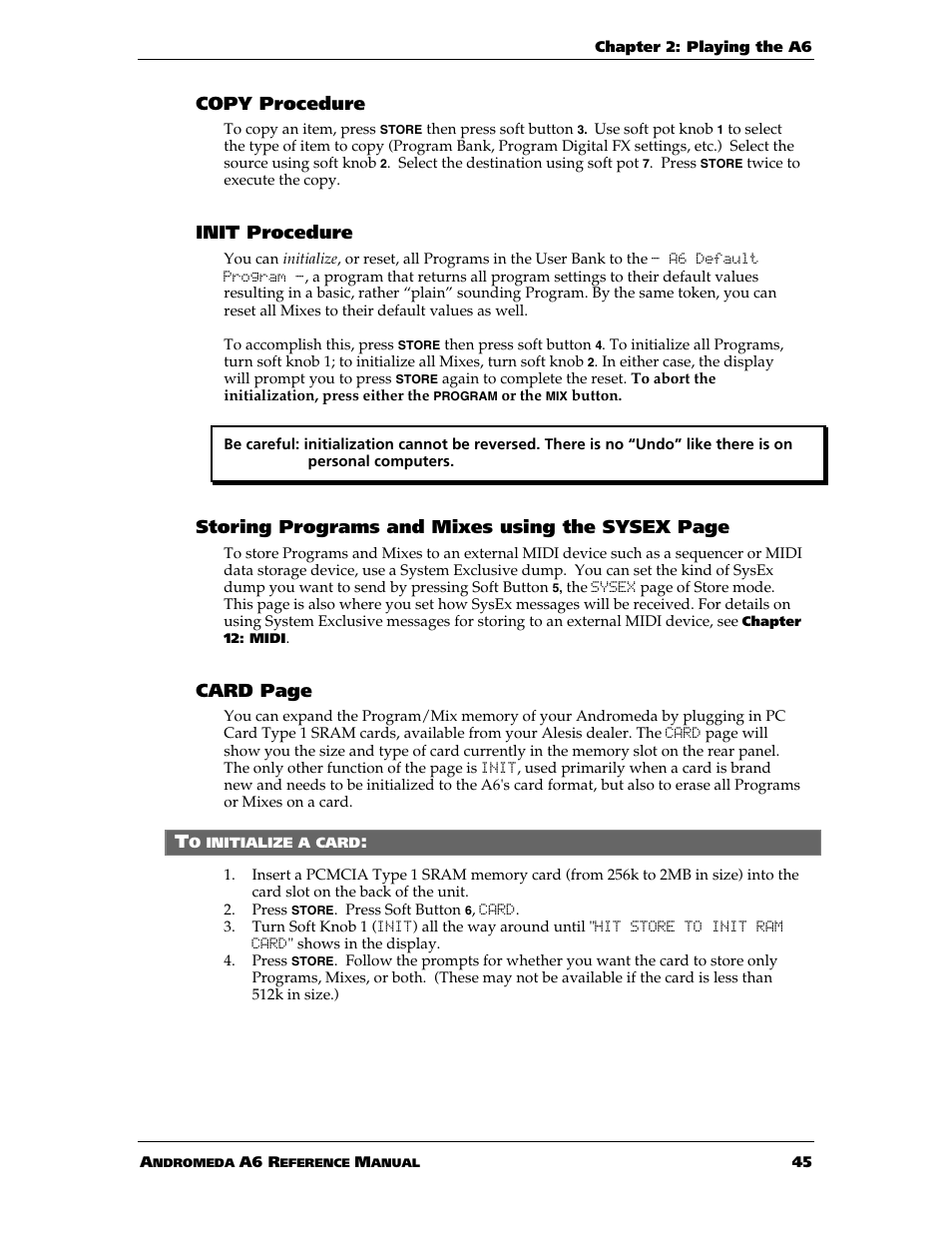 Copy procedure, Init procedure, Storing programs and mixes using the sysex page | Card page | ALESIS ANDROMEDA A6 User Manual | Page 47 / 280
