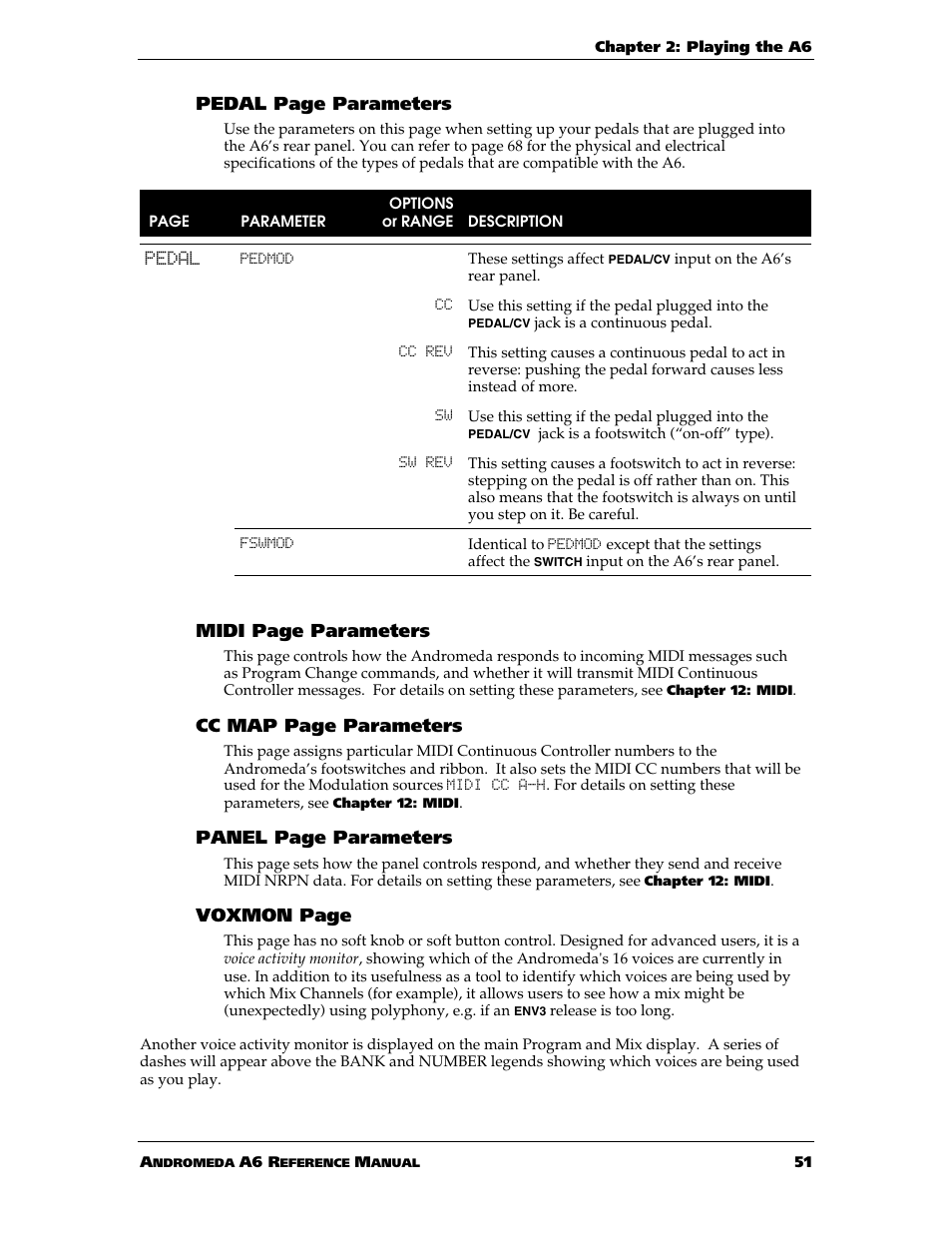 Pedal page parameters, Midi page parameters, Cc map page parameters | Panel page parameters, Voxmon page | ALESIS ANDROMEDA A6 User Manual | Page 53 / 280