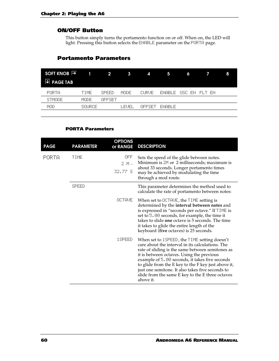 On/off button, Portamento parameters | ALESIS ANDROMEDA A6 User Manual | Page 62 / 280