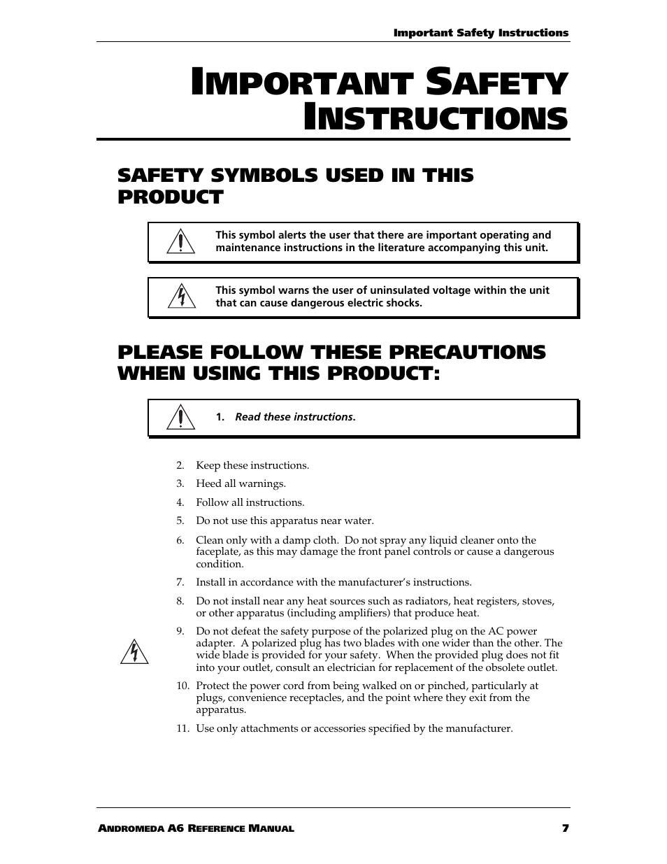 Mportant, Afety, Nstructions | Safety symbols used in this product | ALESIS ANDROMEDA A6 User Manual | Page 9 / 280