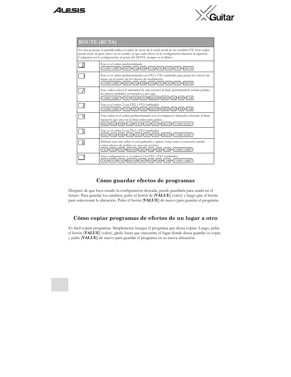 Route (ruta), Cómo guardar efectos de programas | ALESIS X User Manual | Page 32 / 82