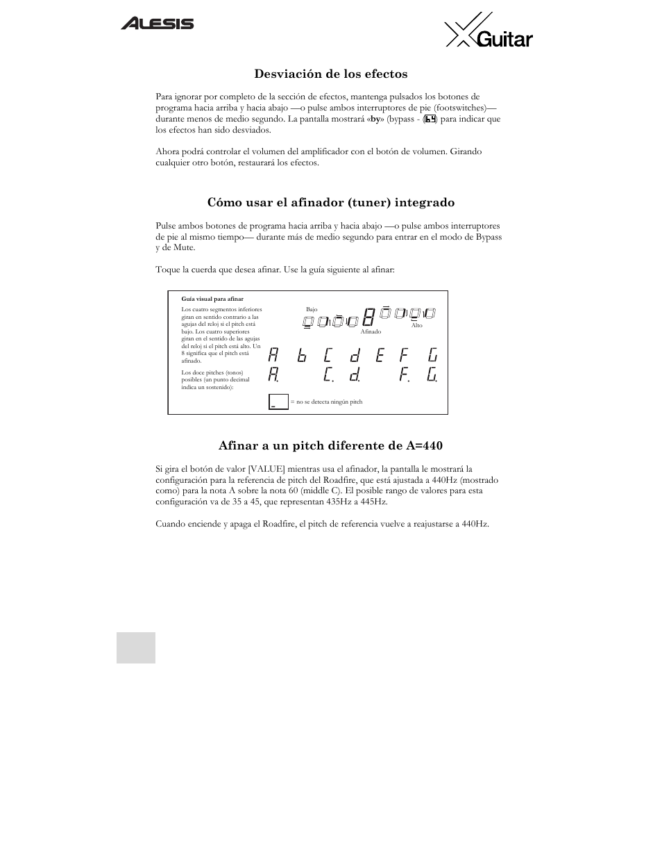 Desviación de los efectos, Cómo usar el afinador (tuner) integrado, Afinar a un pitch diferente de a=440 | ALESIS X User Manual | Page 34 / 82