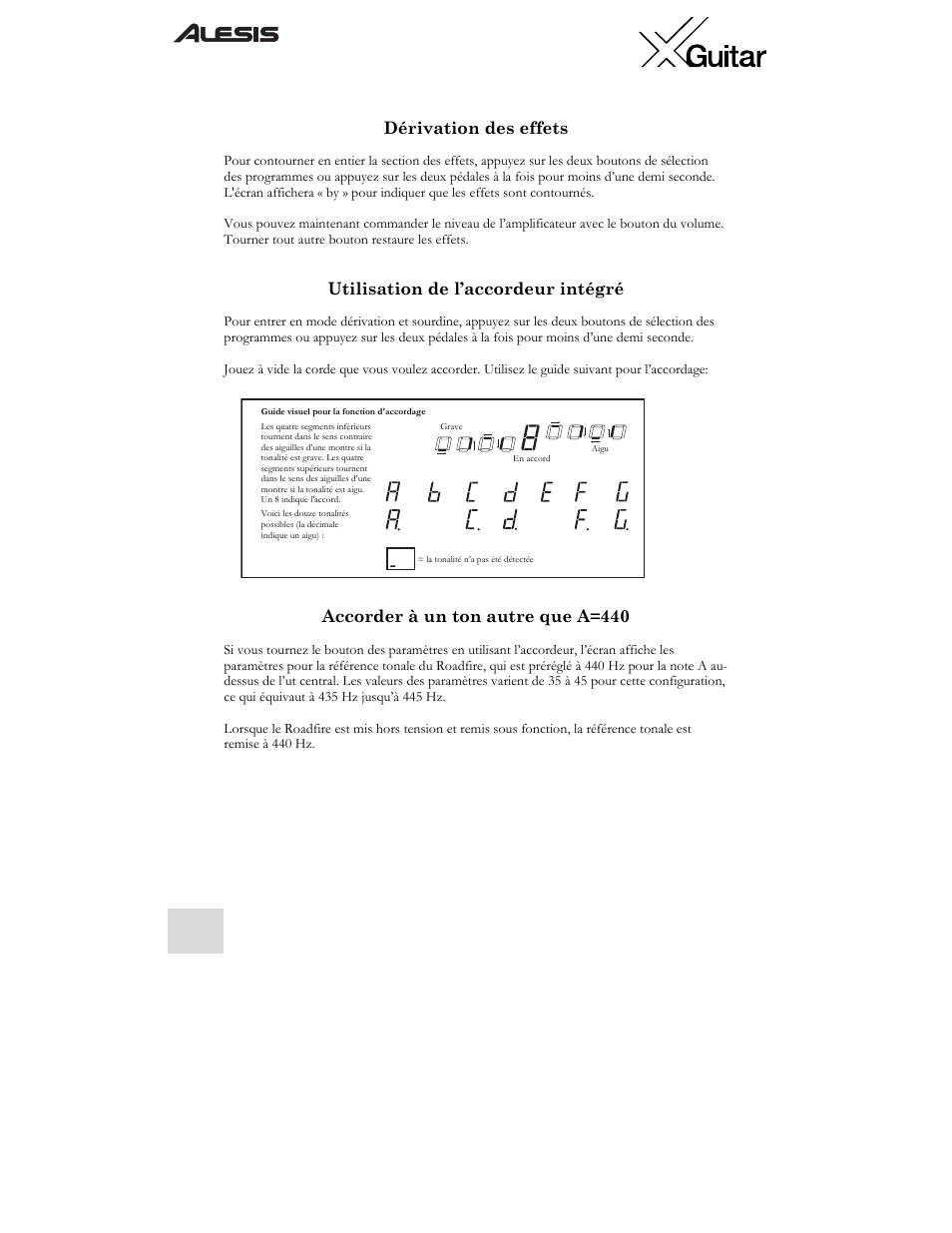 Dérivation des effets, Utilisation de l’accordeur intégré, Accorder à un ton autre que a=440 | ALESIS X User Manual | Page 50 / 82