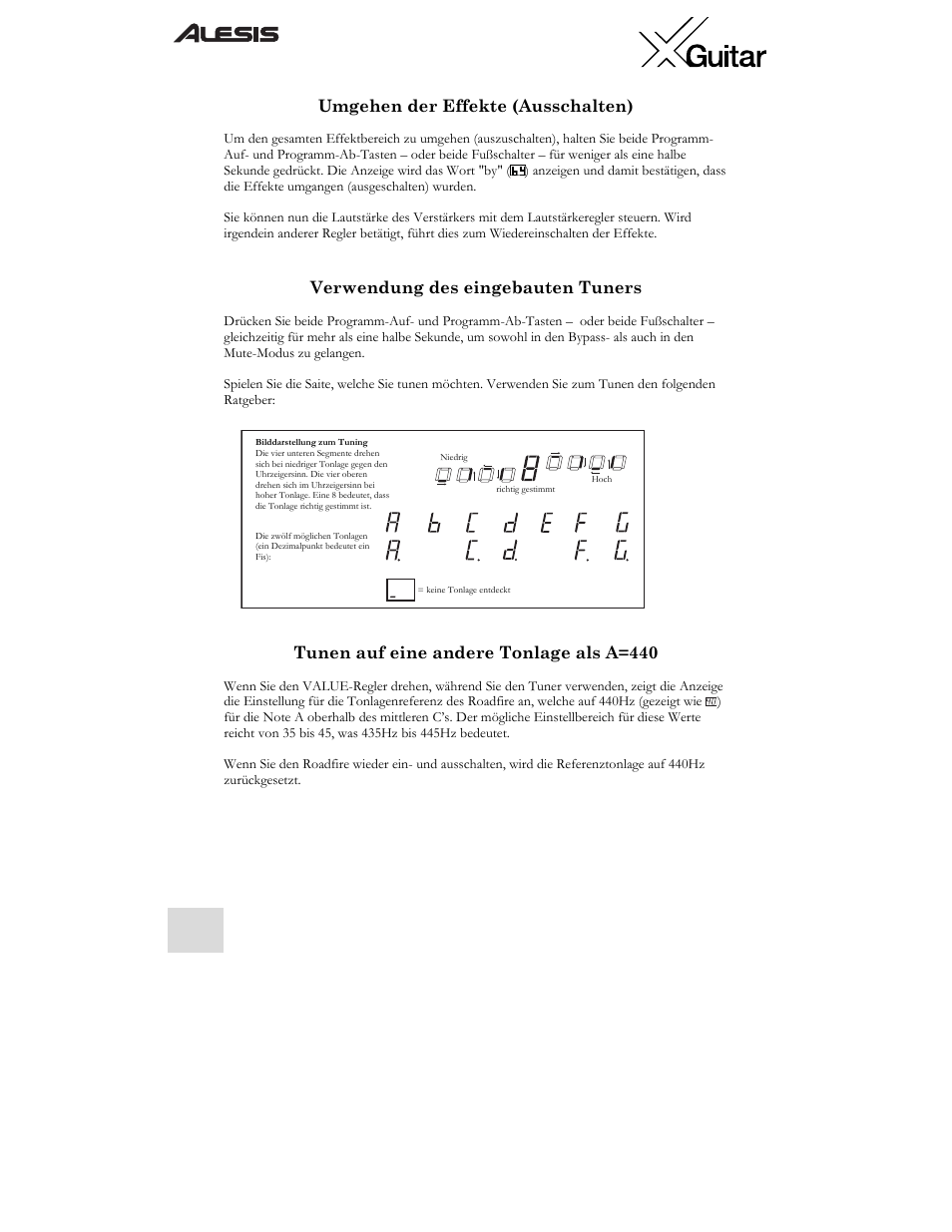 Umgehen der effekte (ausschalten), Verwendung des eingebauten tuners, Tunen auf eine andere tonlage als a=440 | ALESIS X User Manual | Page 66 / 82