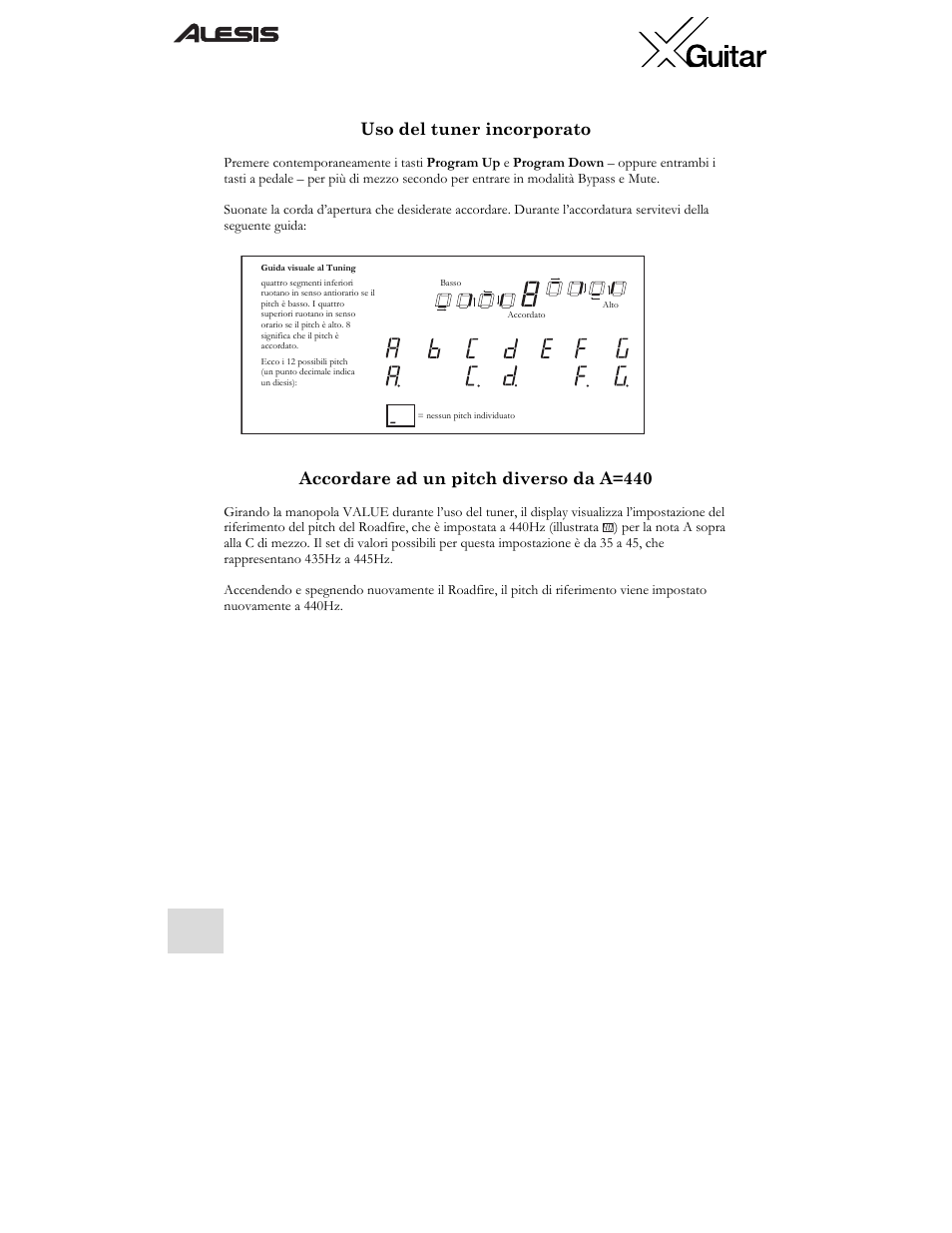 Uso del tuner incorporato, Accordare ad un pitch diverso da a=440 | ALESIS X User Manual | Page 82 / 82