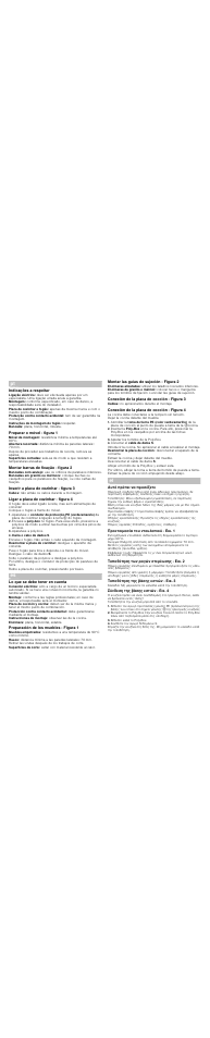 Indicações a respeitar, Preparar o móvel - figura 1, Montar barras de fixação - figura 2 | Inserir a placa de cozinhar - figura 3, Ligar a placa de cozinhar - figura 4, Aparafuse a poly­box, Insira o cabo de dados s, Lo que se debe tener en cuenta, Preparación de los muebles - figura 1, Montar las guías de sujeción - figura 2 | Siemens EF645EN11 User Manual | Page 4 / 8