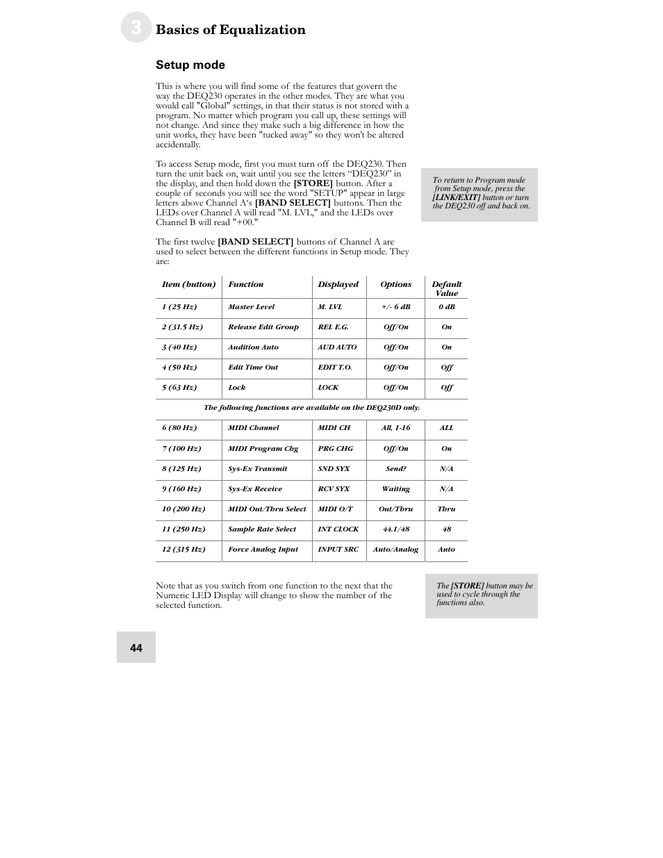Basics of equalization, Setup mode | ALESIS DEQ230D User Manual | Page 46 / 80