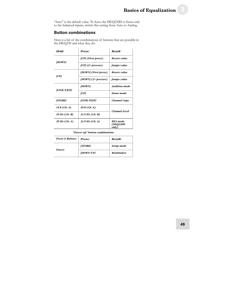 Basics of equalization, Button combinations | ALESIS DEQ230D User Manual | Page 51 / 80
